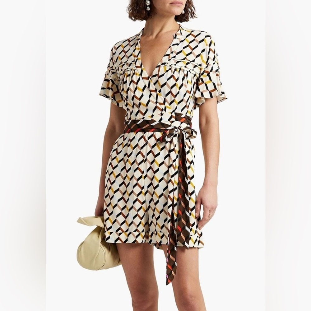 Diane von Furstenberg DVF Bella Printed Tie Waist Wrap Romper Playsuit Size 4